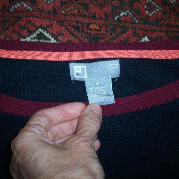 Colorblock Sweater Cotton/Wool Blend Lightweight Maroon/Blue r/n 93677 jcp - Picture 5 of 6